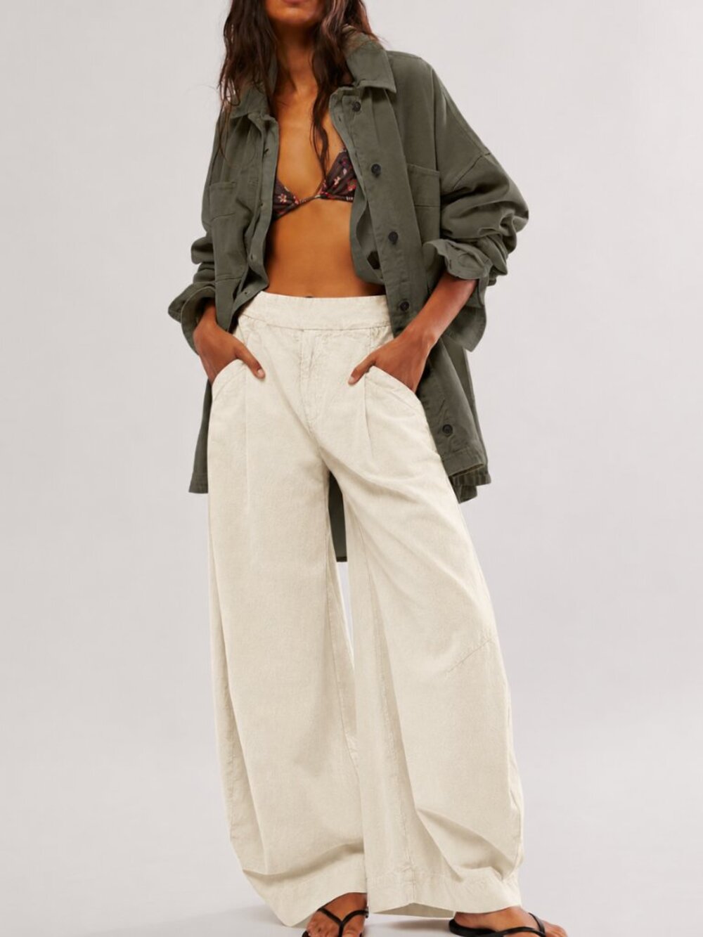 Free People Tegan Washed Cotton Barrel Leg Baggy Pants Light Cream 10 $128